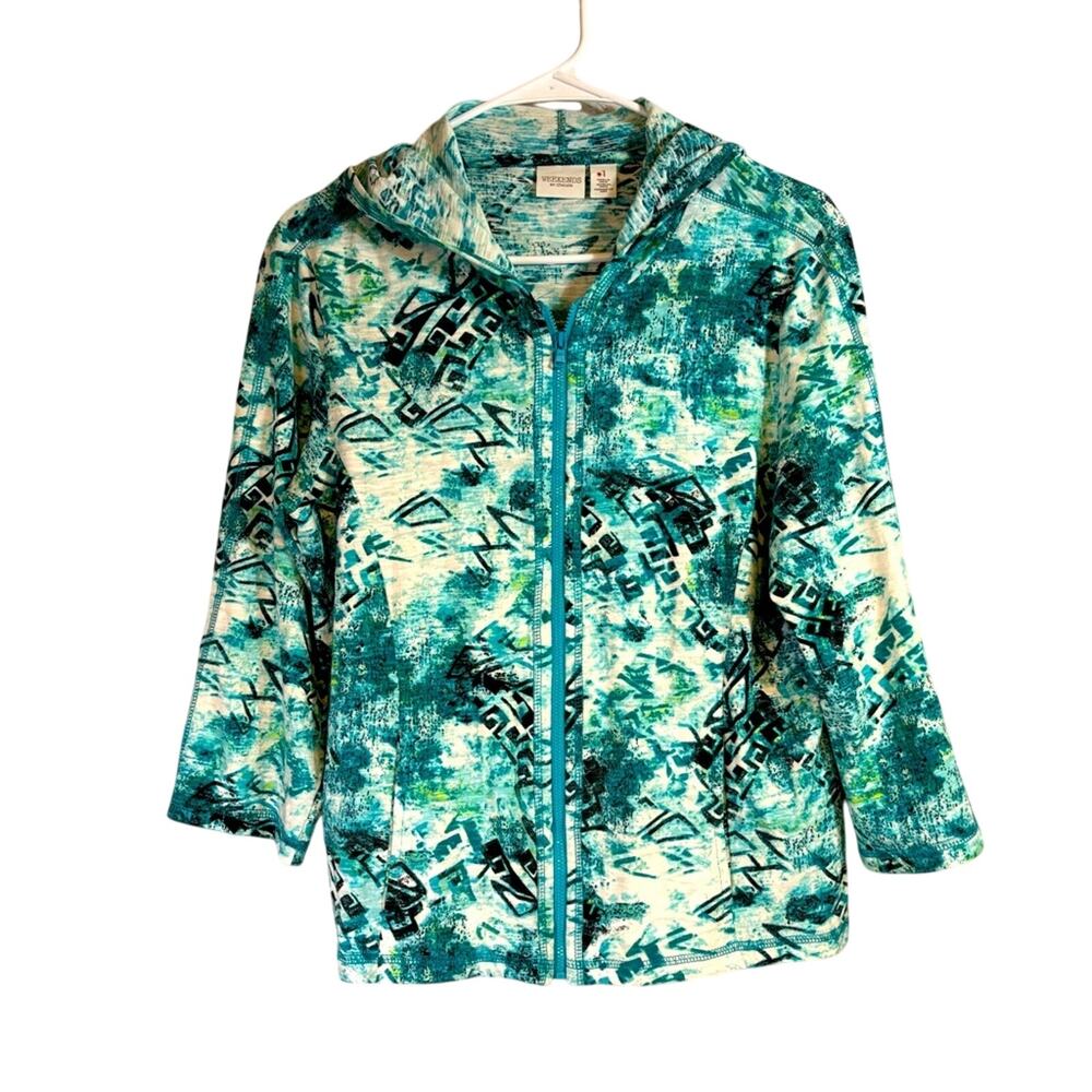 Chico’s Weekends Green Blue and White Zip Up Hoodie Size Large 1115